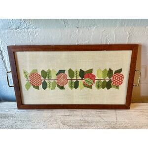 Vintage Needlepoint Apple Leaf Vine Wooden Tray Serving Display Decor